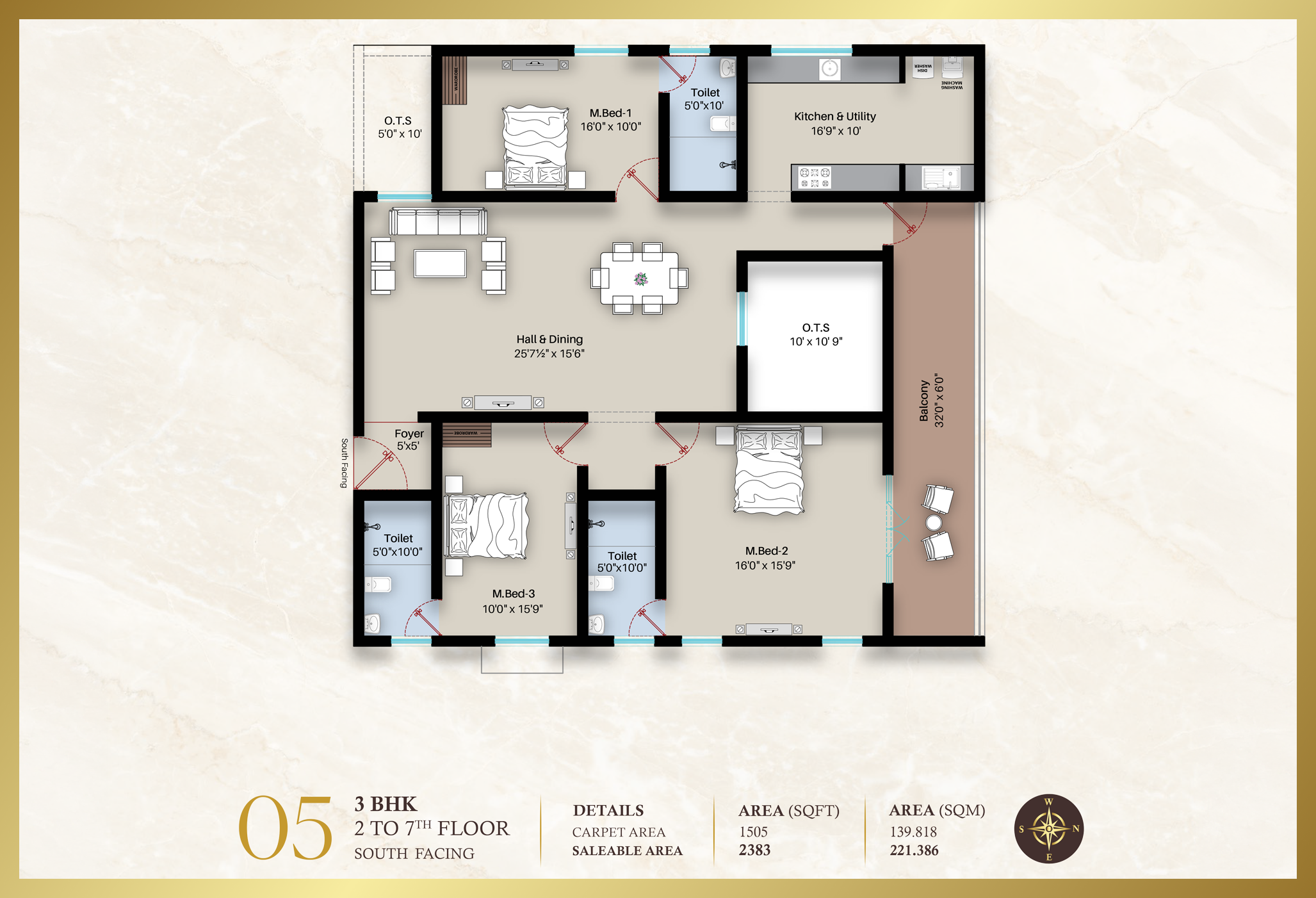 Beatriz Apartment 3BHK | South facing | 2383 sq-ft